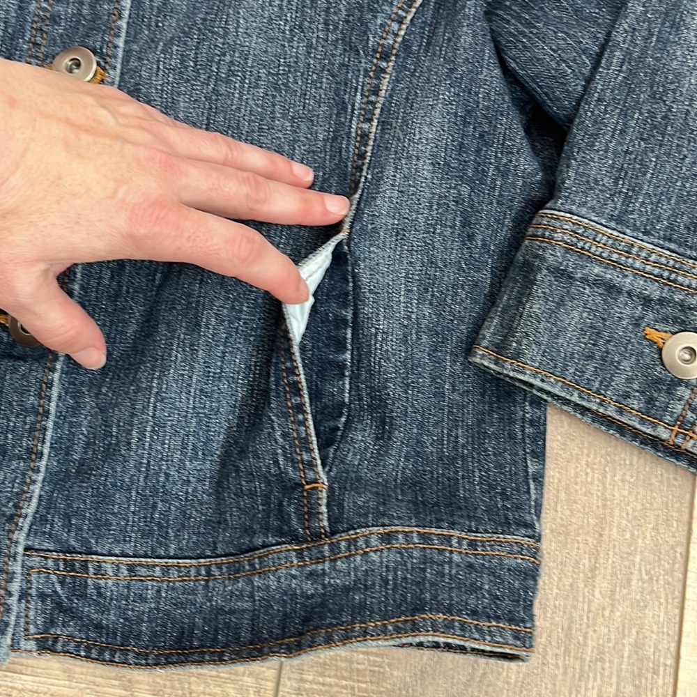 Territories denim jacket 3/4 sleeve crop contrast stitch pockets button front M - Picture 9 of 12